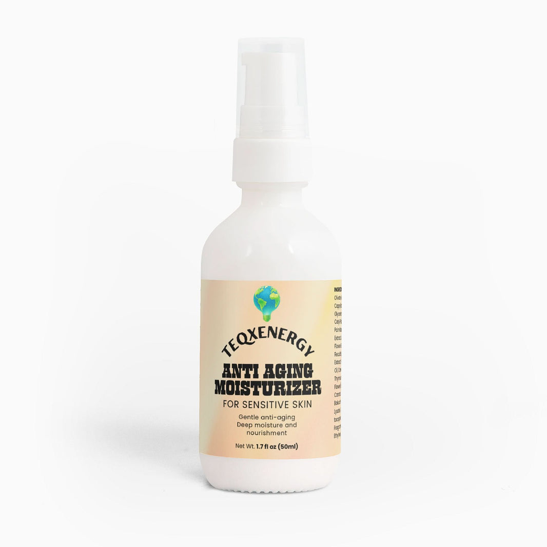 TeqenX Anti Aging Moisturizer for Sensitive Skin in a sleek white pump bottle, designed to reduce fine lines and enhance hydration.
