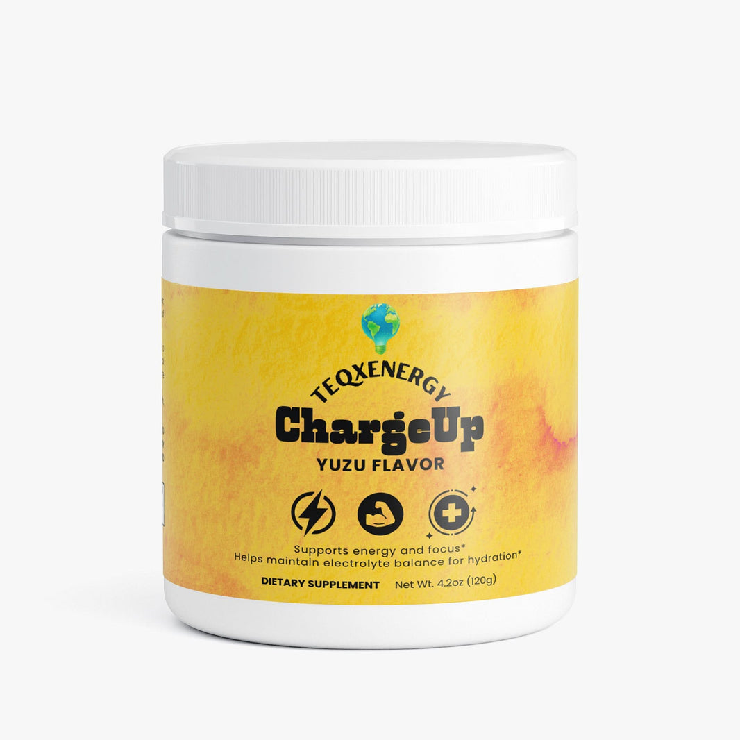 TeqenX ChargeUp Yuzu Flavor energy powder in a white container with a yellow label, promoting focus and hydration.