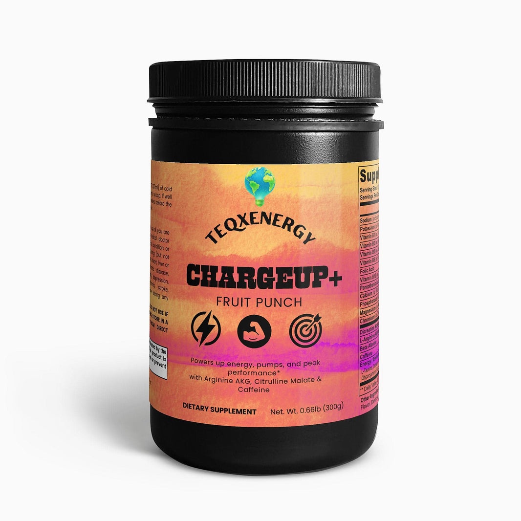 TeqenX ChargeUp+ Fruit Punch is a powerful pre-workout booster with 23 nutrients for explosive energy, muscle pumps, and focus. Experience enhanced performance with every scoop. Perfect for any time of day, it helps you push past your limits and achieve your fitness goals. Elevate your workouts today!