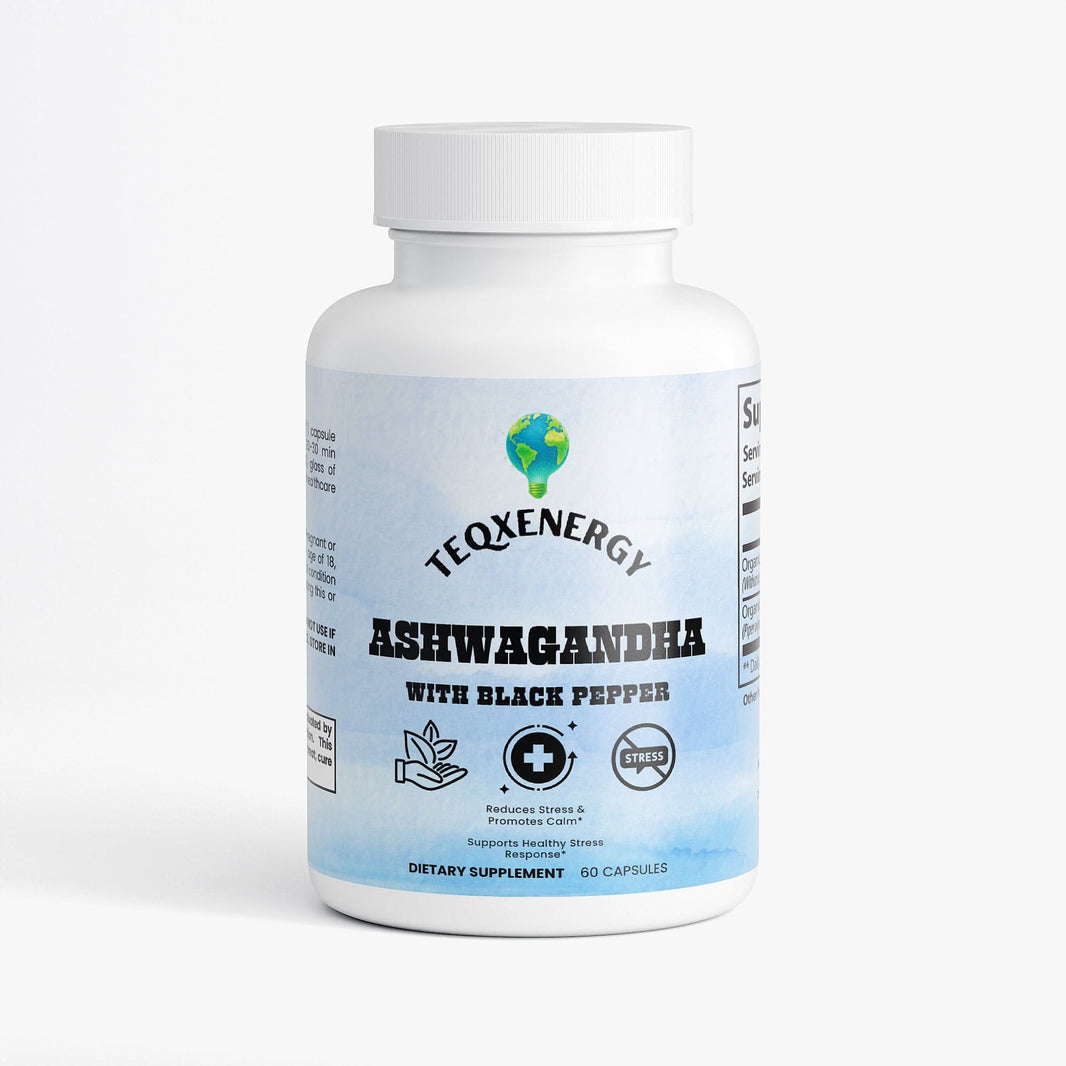 TeqenX Organic Ashwagandha bottle with 60 capsules, promoting stress relief and enhanced absorption with black pepper.