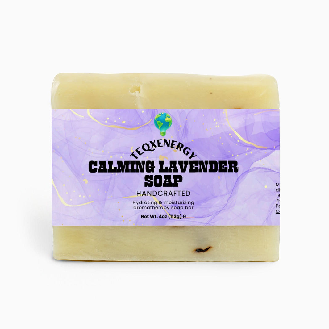 TeqenX Calming Lavender Soap features a light yellow bar with marbled purple design, handcrafted for soothing sensitive skin. Infused with pure lavender essential oil and Fair Trade organic oils, it offers gentle care, rich hydration, and natural exfoliation. Perfect for relaxation and maintaining your skin's moisture barrier. Enjoy a luxurious cleansing experience with every use.