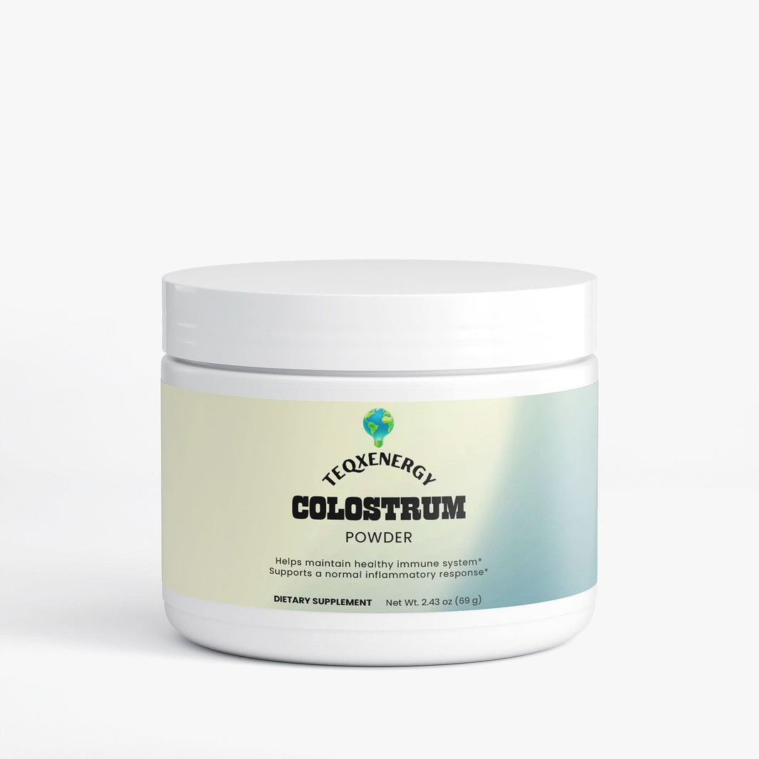 TeqenX Colostrum Powder in a white container, promoting immune support and digestive wellness with 25% IgG.