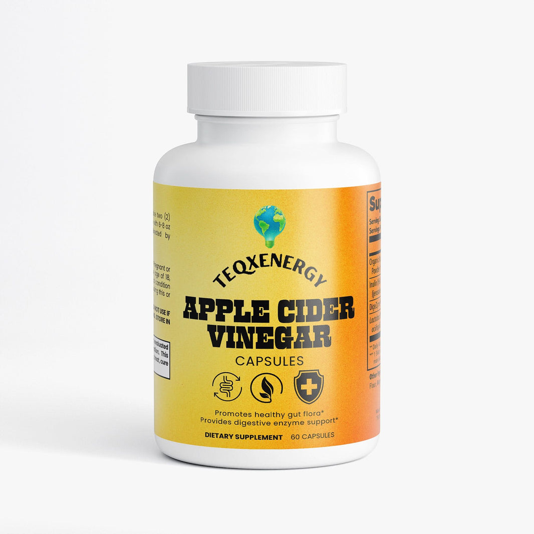 TeqenX Apple Cider Vinegar Capsules in a bottle with a white cap, offering 60 capsules for digestive support.