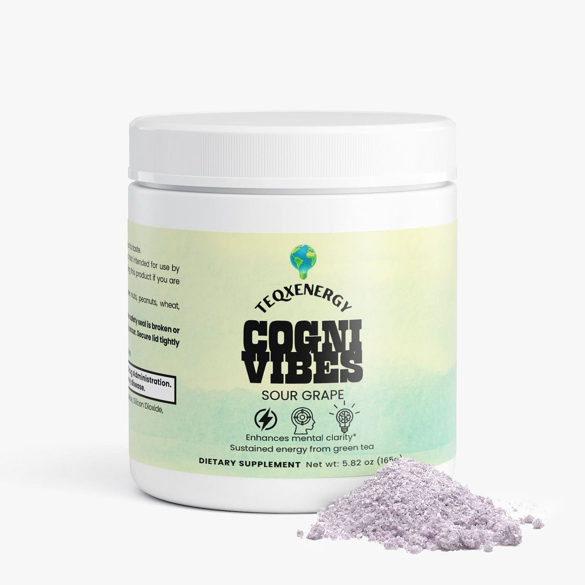 Sour Grape Focus Powder in a white container, featuring a purple powder, enhances focus and mental clarity with Alpha-GPC and green tea.