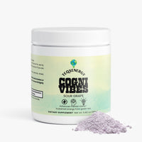 Sour Grape Focus Powder in a white container, featuring a purple powder, enhances focus and mental clarity with Alpha-GPC and green tea.