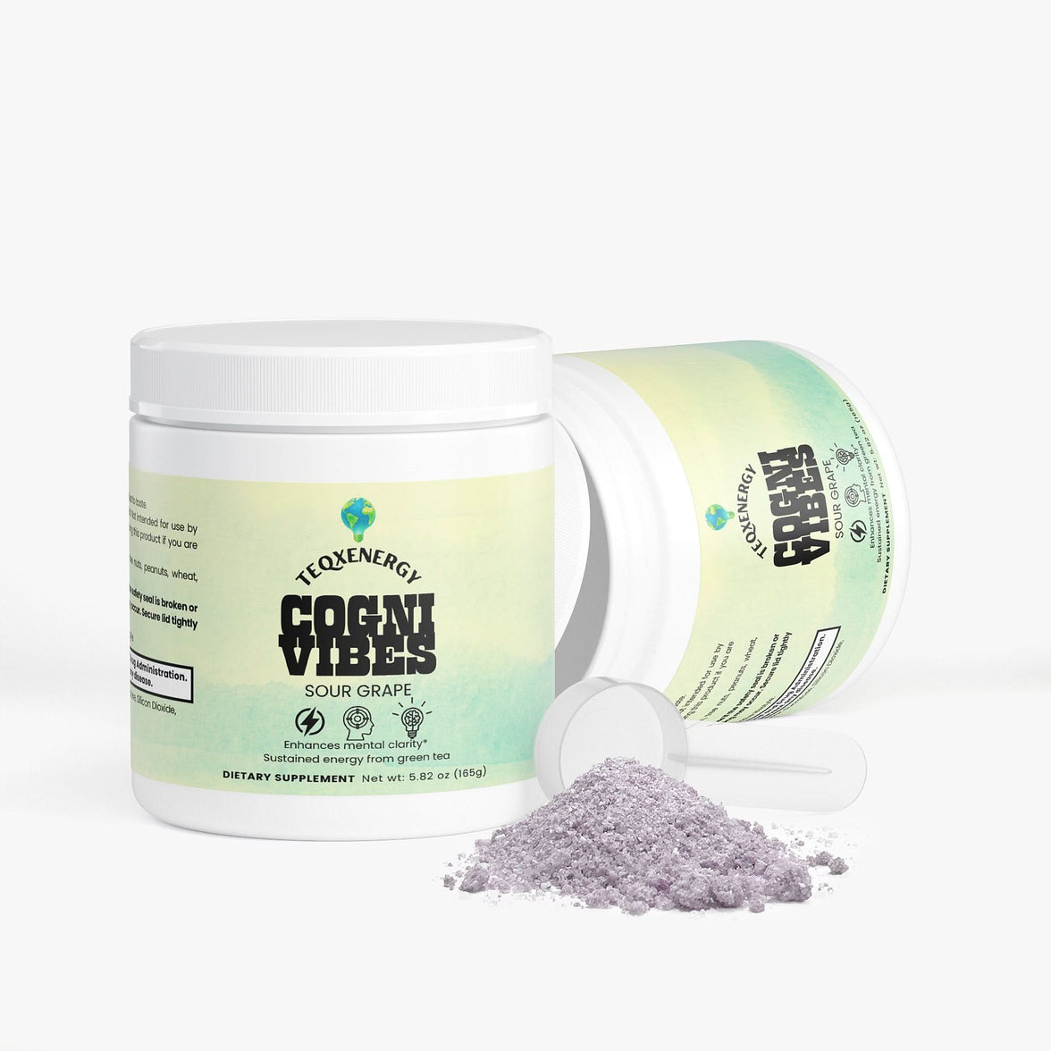 Sour Grape Focus Powder in a white container with a scoop, offering cognitive support and clean energy for enhanced focus.