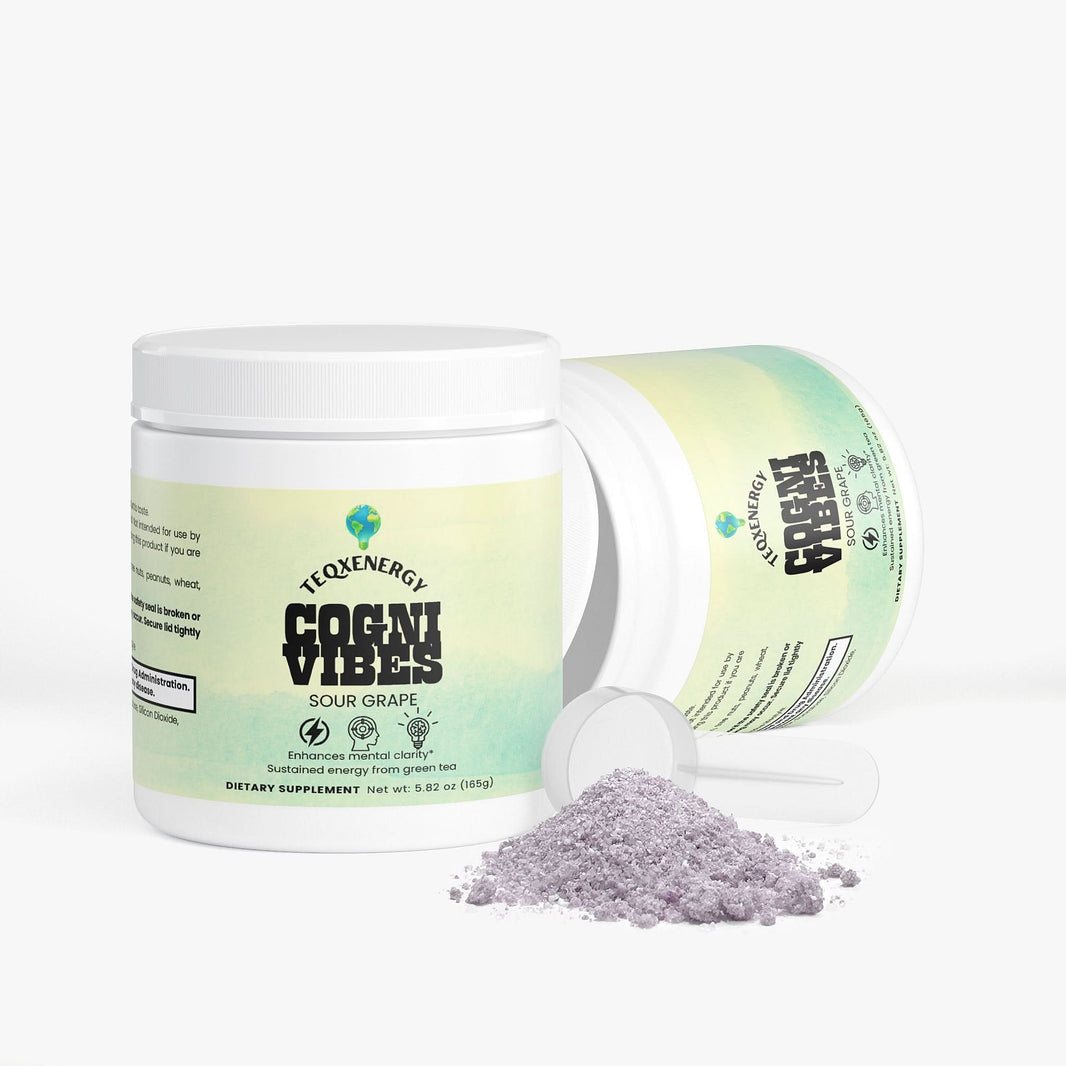 Sour Grape Focus Powder in a white container with a scoop, offering cognitive support and clean energy for enhanced focus.