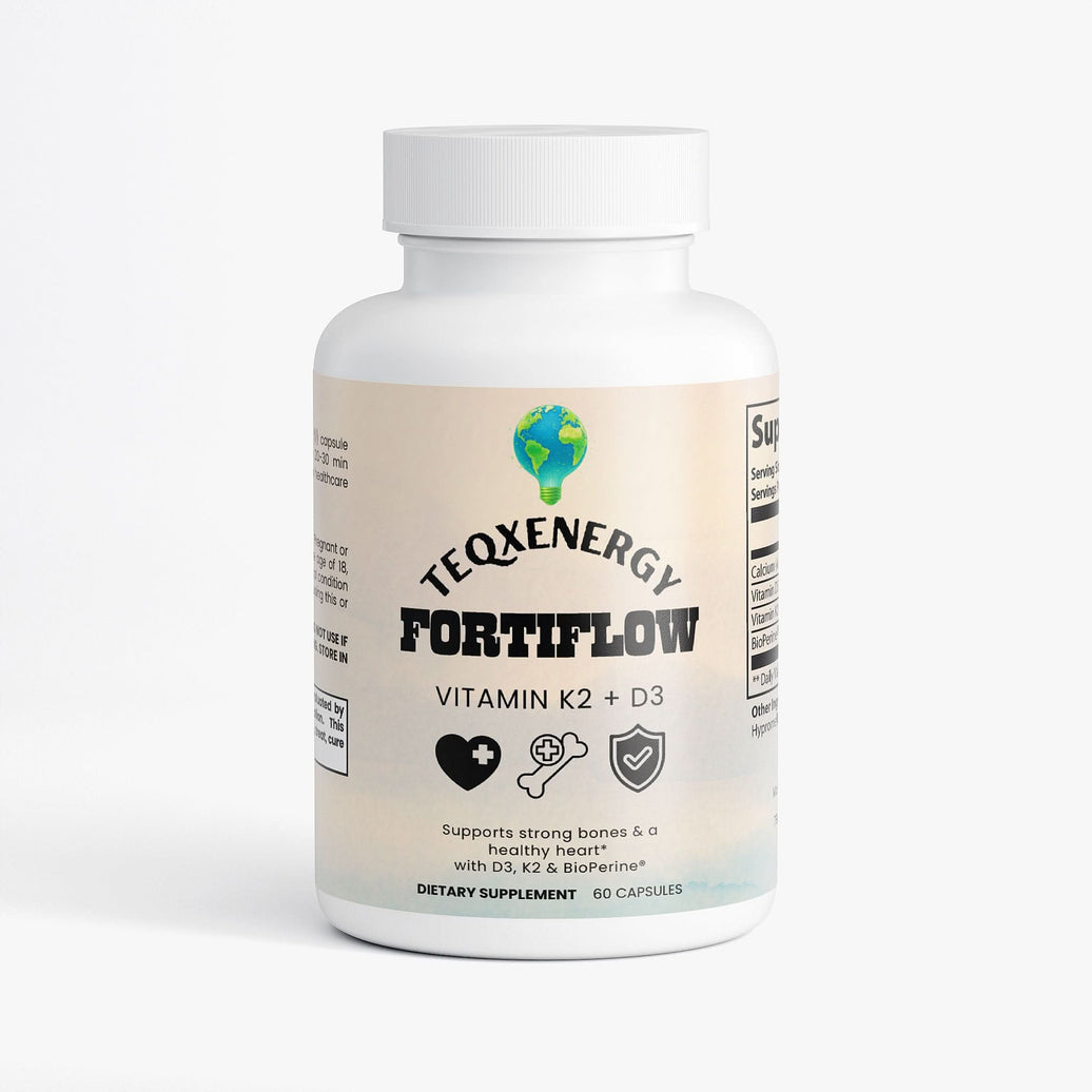 FortiFlow by TeqenX supports bone and heart health with D3, K2 (MK-7), and calcium, enhanced by BioPerine for better absorption. Enjoy stronger bones and heart support in a clean, gluten-free formula. Take 1 capsule twice daily for a 30-day supply. Ideal for adults seeking improved wellness.