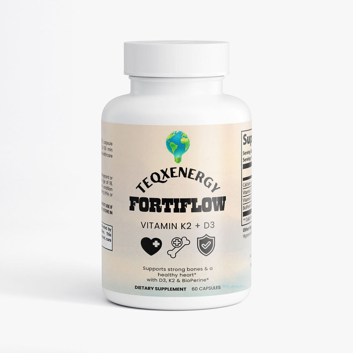 FortiFlow by TeqenX supports bone and heart health with D3, K2 (MK-7), and calcium, enhanced by BioPerine for better absorption. Enjoy stronger bones and heart support in a clean, gluten-free formula. Take 1 capsule twice daily for a 30-day supply. Ideal for adults seeking improved wellness.