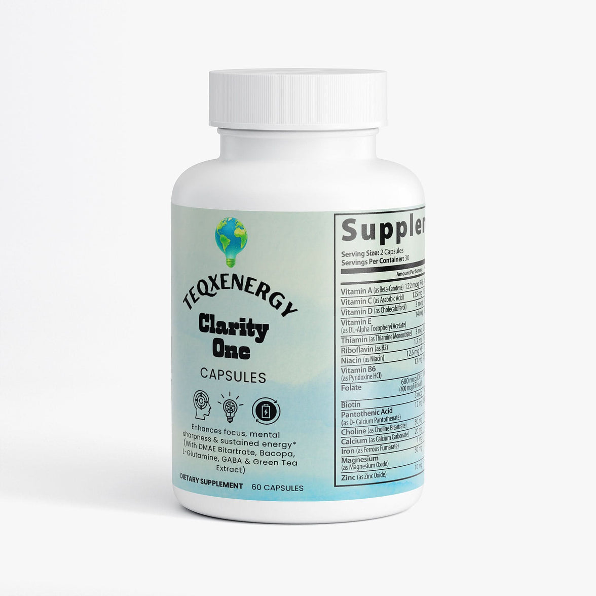 TeqenX ClarityOne Brain & Focus capsules in a white bottle, promoting enhanced focus and sustained energy for cognitive support.