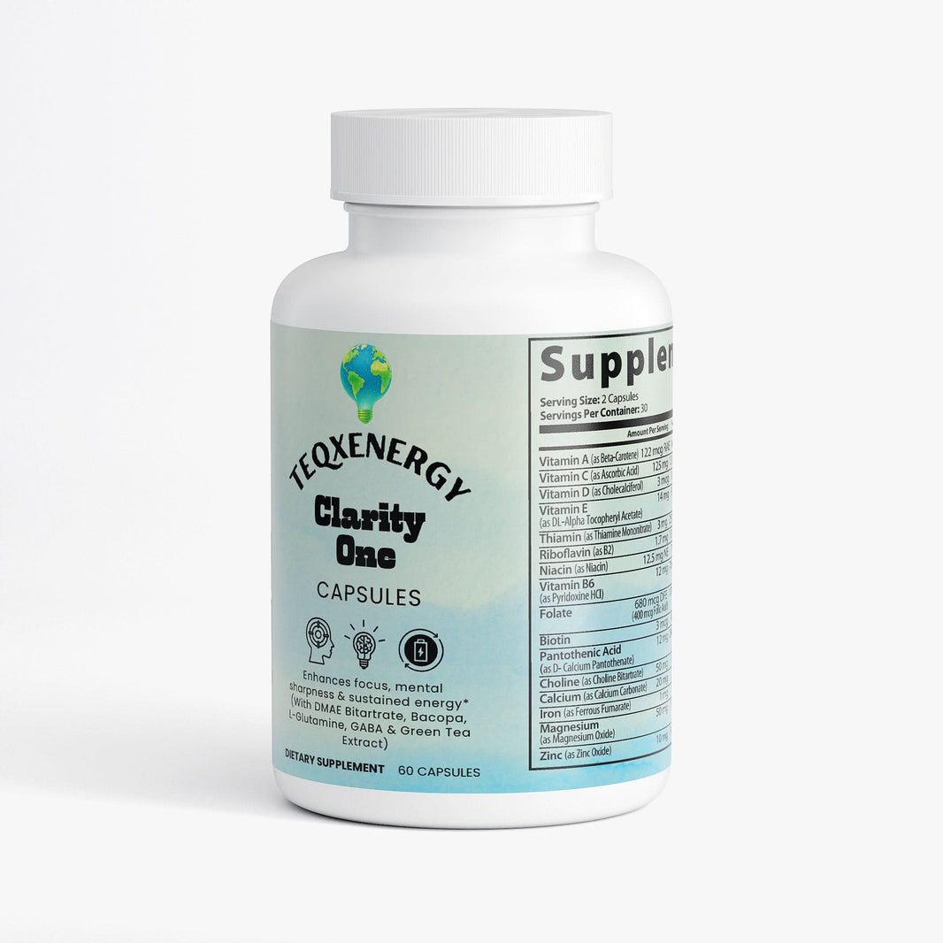 TeqenX ClarityOne Brain & Focus capsules in a white bottle, promoting enhanced focus and sustained energy for cognitive support.