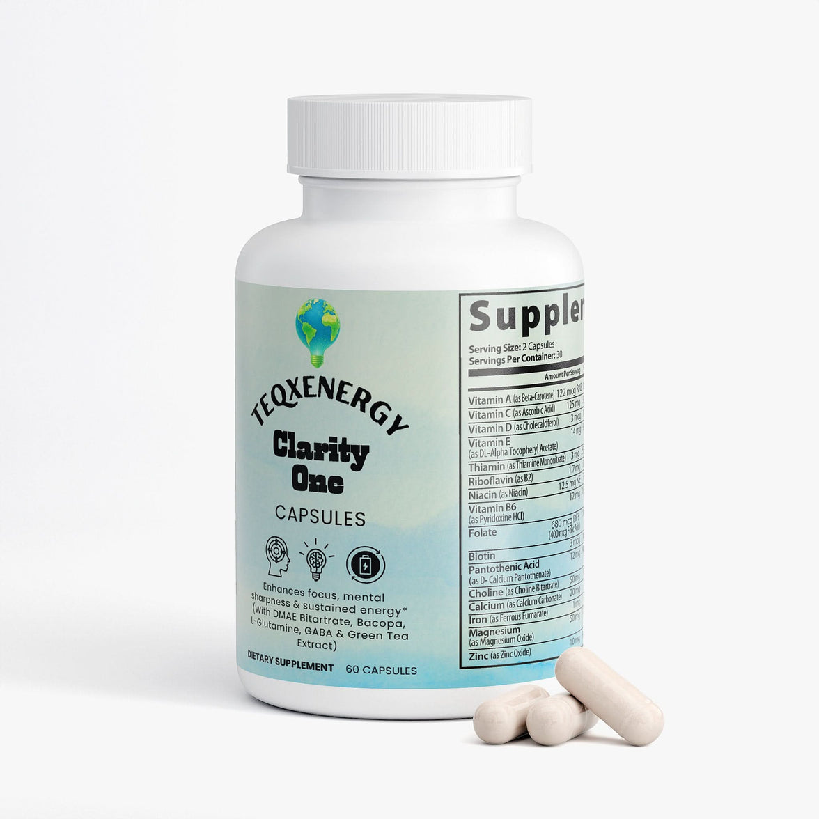 TeqenX ClarityOne Brain & Focus in a white bottle with 60 capsules, designed for enhanced focus and cognitive support.