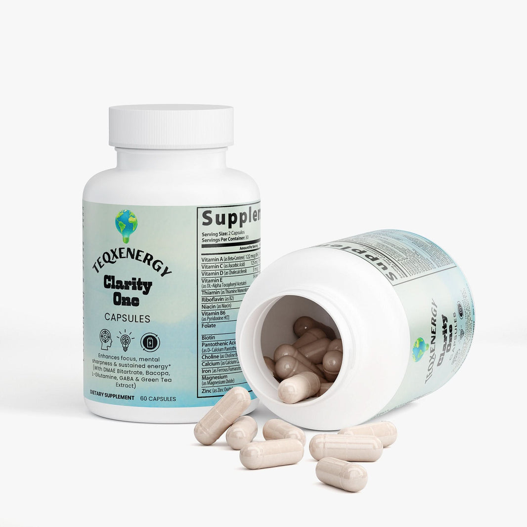 TeqenX ClarityOne Brain & Focus is a powerful cognitive support supplement featuring DMAE, GABA, and brain-boosting botanicals. Experience enhanced focus, improved memory, and sustained mental energy without jitters. Perfect for students and professionals, this formula provides essential brain nutrition. Take 2 vegetable capsules daily to unlock your potential and elevate your cognitive performance.