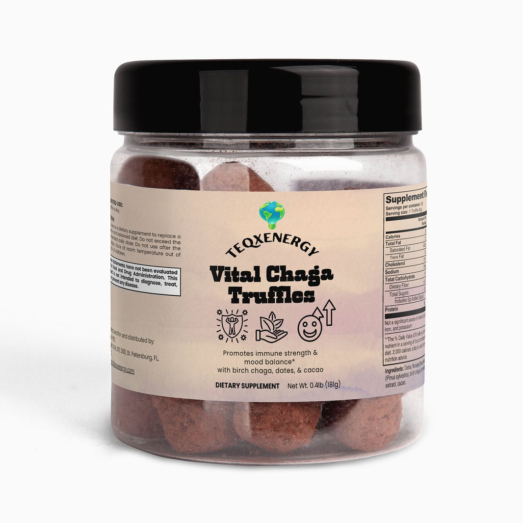 Vital Chaga Truffles in a clear container, showcasing round chocolate-colored truffles that support gut health and immunity.