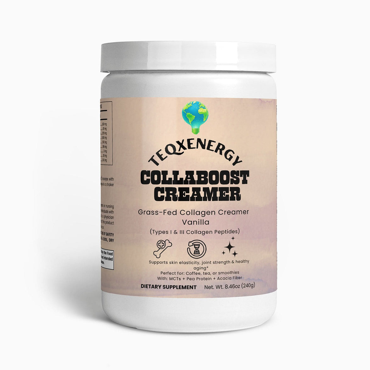 TeqenX Collaboost Creamer in a white container with a screw-top lid, featuring grass-fed collagen and vanilla flavor for beauty and wellness.