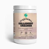 TeqenX Collaboost Creamer in a white container with a screw-top lid, featuring grass-fed collagen and vanilla flavor for beauty and wellness.