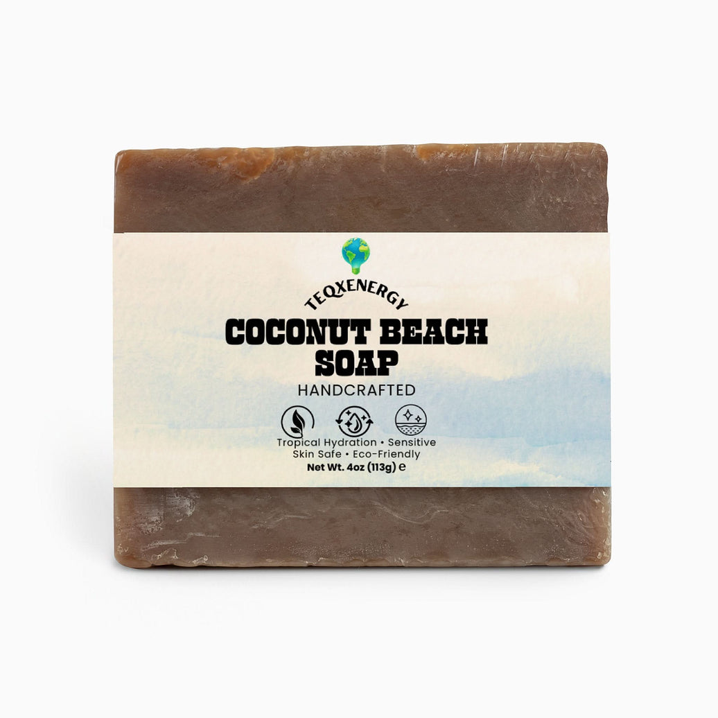 TeqenX Coconut Beach Soap offers a tropical escape for sensitive skin. This organic soap combines fair trade coconut and palm oils with shea butter and olive oil for gentle cleansing. Experience deep hydration and a serene coconut fragrance, all while maintaining your skin's natural balance. Enjoy a luxurious cleansing ritual that leaves your skin soft, hydrated, and beautifully scented. Perfect for daily use and made with ethical ingredients.