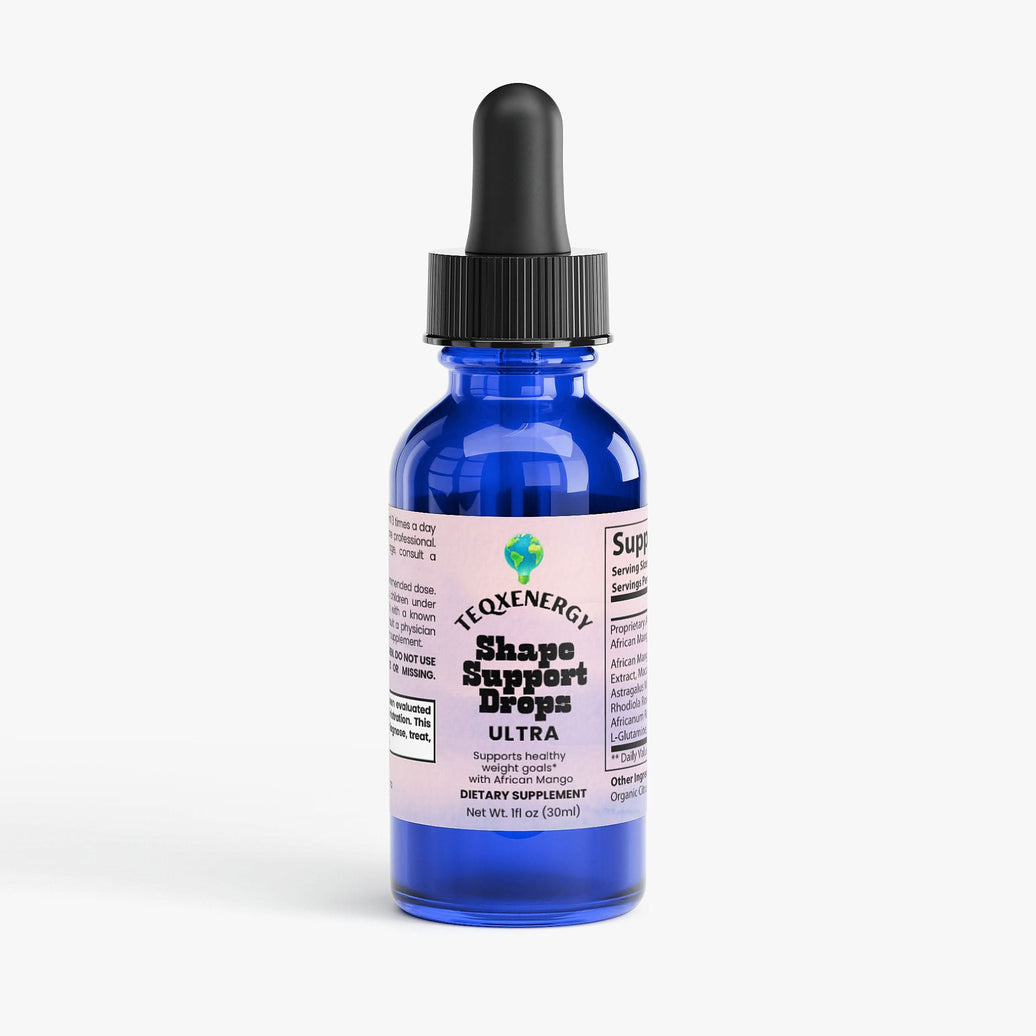 TeqenX Shape Support Drops in a blue glass dropper bottle, designed for metabolism and weight support with Active-8 Complex.