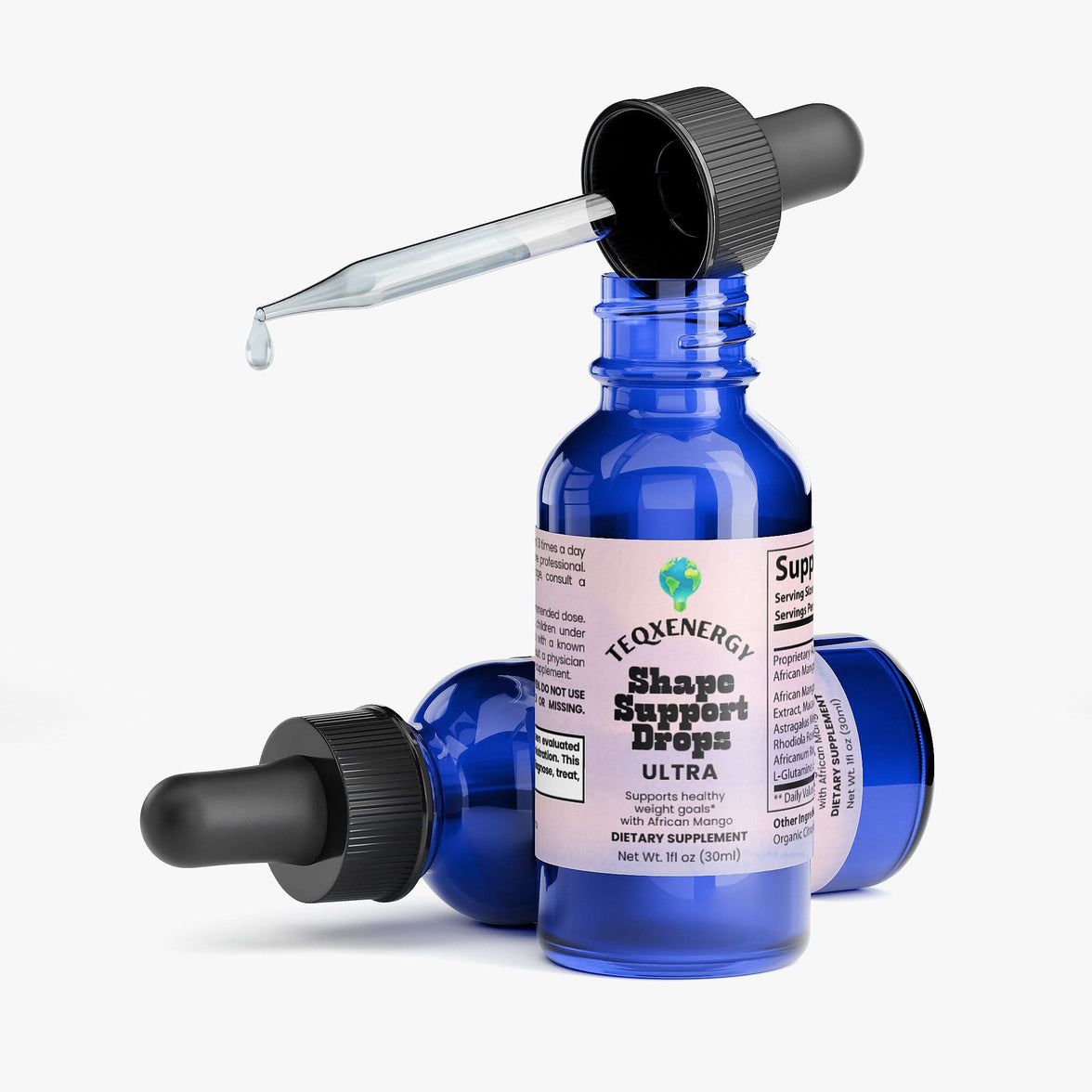 TeqenX Shape Support Drops in a blue glass dropper bottle, designed for metabolism and weight management support.
