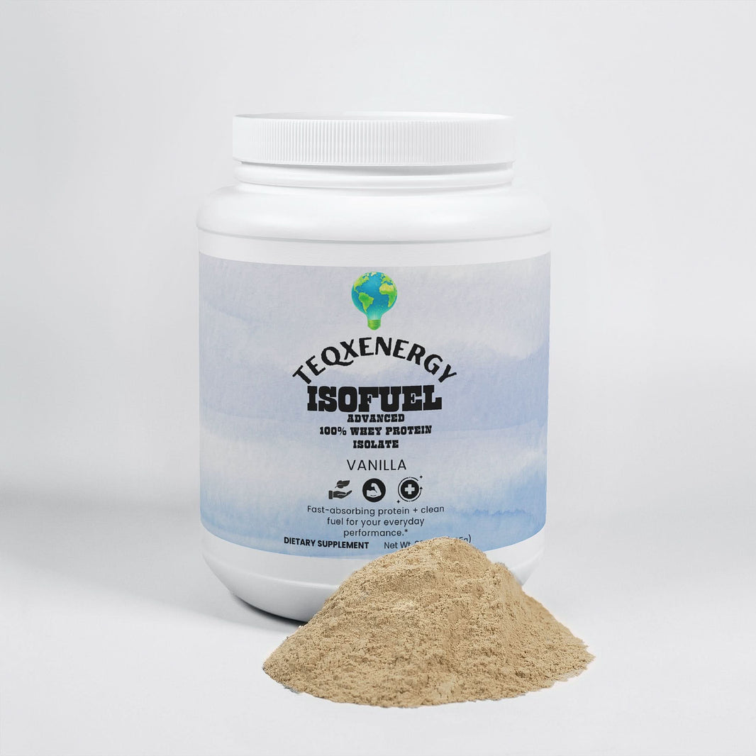 Isofuel Advanced features a white container with a light blue label, showcasing premium whey protein isolate in vanilla flavor. Perfect for muscle growth and recovery, it delivers 22g of protein per serving, enhanced with MCT oil for energy. Non-GMO and vegetarian-friendly, it's ideal for serious athletes. Mix 2 scoops with your favorite beverage daily for optimal results.