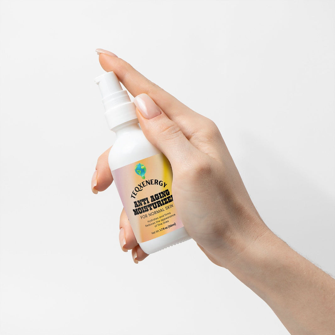 TeqenX Anti Aging Moisturizer in a pump bottle, designed for normal skin, enhances vitality and reduces fine lines.