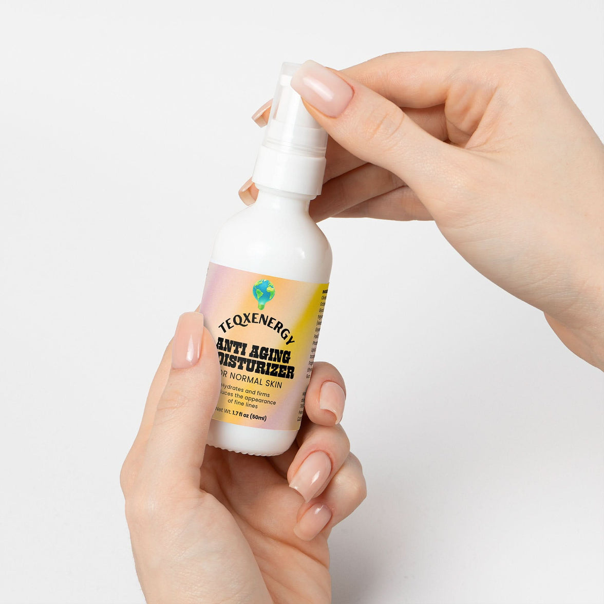 TeqenX Anti Aging Moisturizer in a pump bottle, designed for normal skin, featuring advanced retinol peptides for youthful vitality.