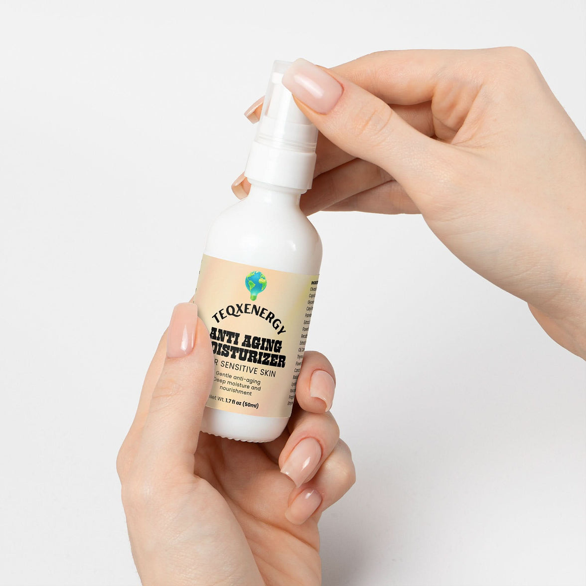 TeqenX Anti Aging Moisturizer in a pump bottle, designed for sensitive skin, promotes hydration and reduces fine lines.