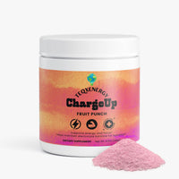 TeqenX ChargeUp Fruit Punch energy powder container with vibrant design and pink powder, offering balanced energy without crashes.