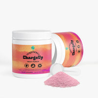 TeqenX ChargeUp Fruit Punch energy powder in a vibrant container, featuring pink powder and a scoop for easy mixing.