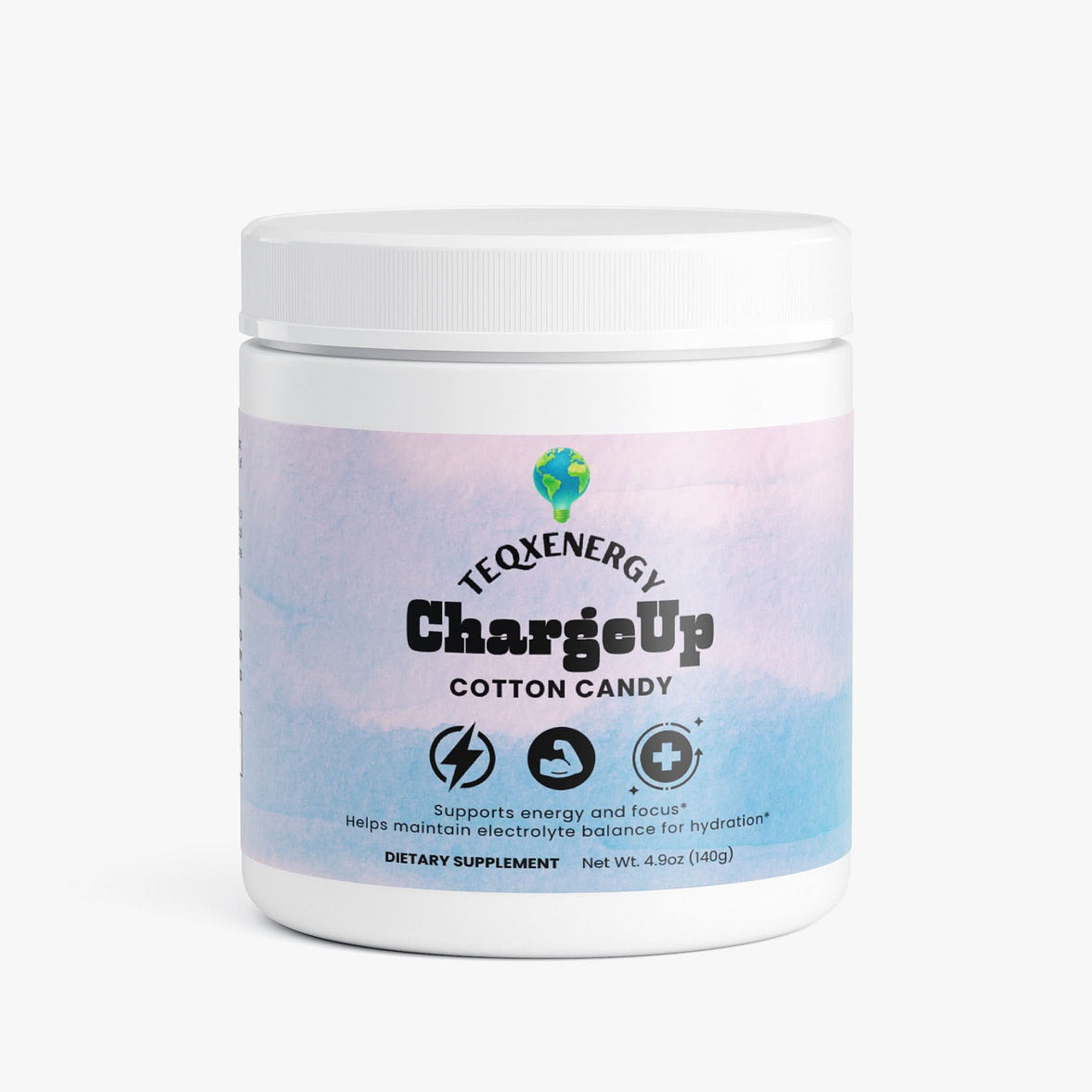 TeqenX ChargeUp Cotton Candy energy powder in a white container with a pastel label, designed for sustained energy without crashes.