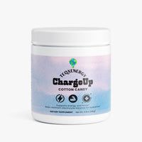 TeqenX ChargeUp Cotton Candy energy powder in a white container with a pastel label, designed for sustained energy without crashes.