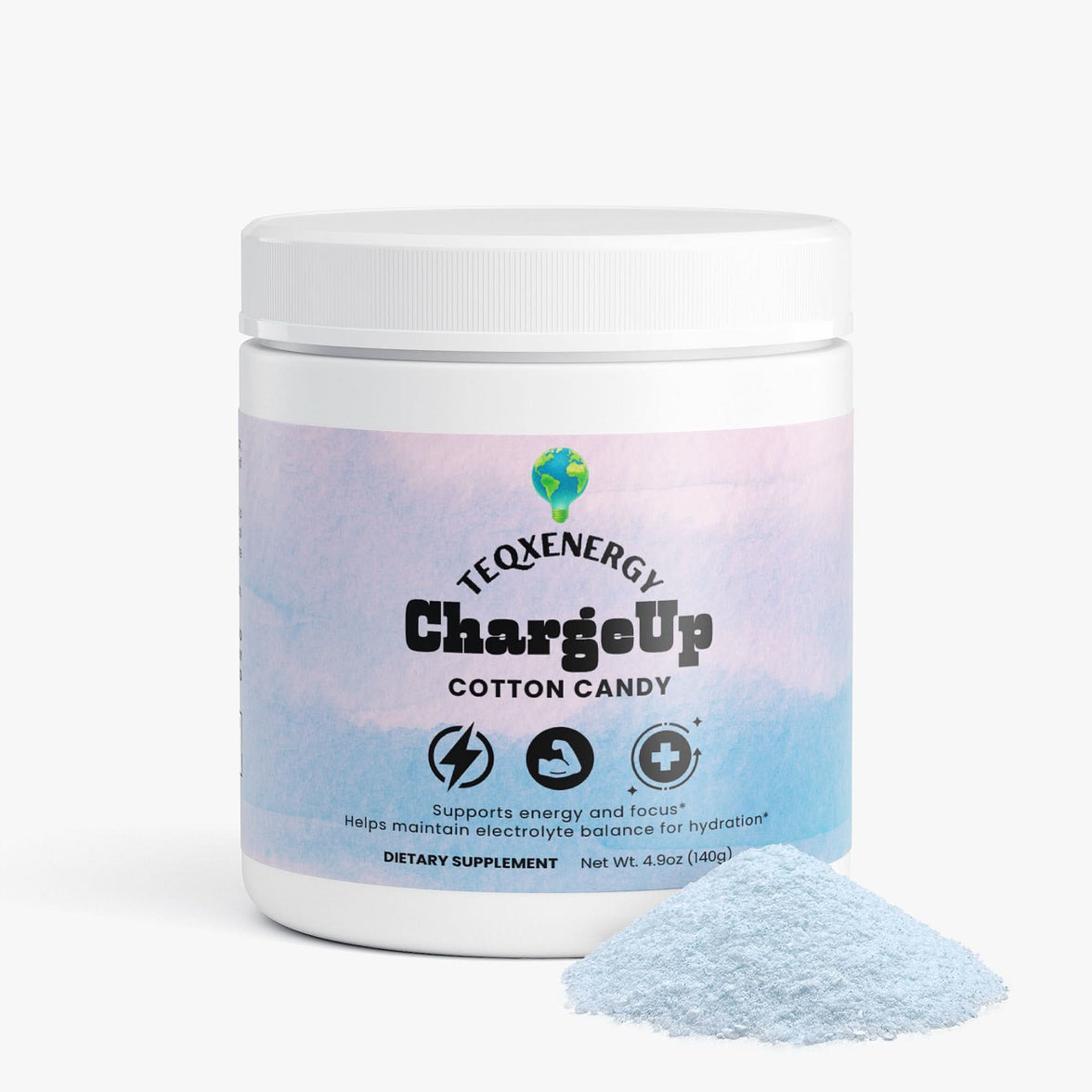 TeqenX ChargeUp Cotton Candy powder in a white container with a pastel label, designed for balanced energy without crashes.