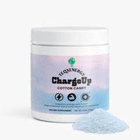 TeqenX ChargeUp Cotton Candy powder in a white container with a pastel label, designed for balanced energy without crashes.