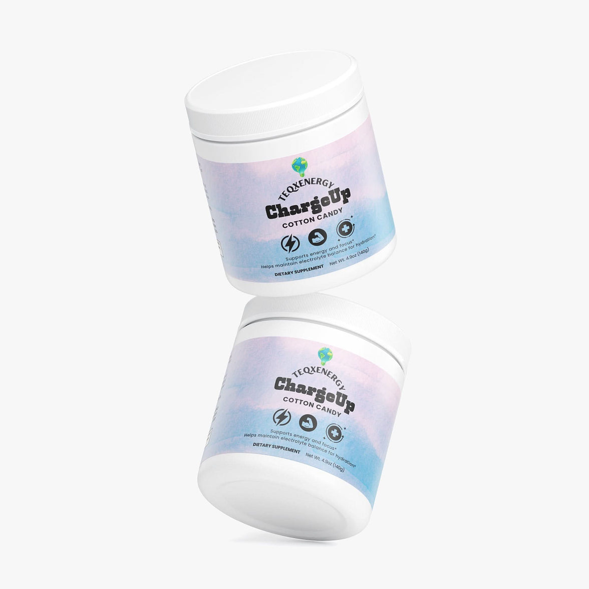 TeqenX ChargeUp Cotton Candy energy powder in a light blue and pink container, designed for sustained energy without crashes.