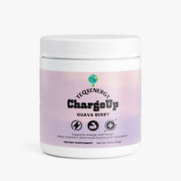TeqenX ChargeUp Guava Berry energy powder in a white container with a pastel gradient label, promoting hydration and focus.