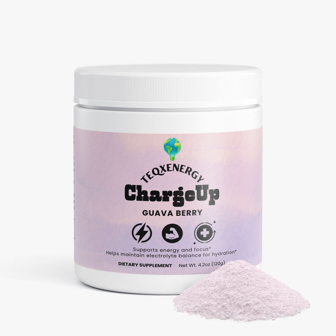 TeqenX ChargeUp Guava Berry powder in a white container, offering balanced energy with natural caffeine and L-theanine.