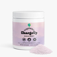 TeqenX ChargeUp Guava Berry powder in a white container, offering balanced energy with natural caffeine and L-theanine.