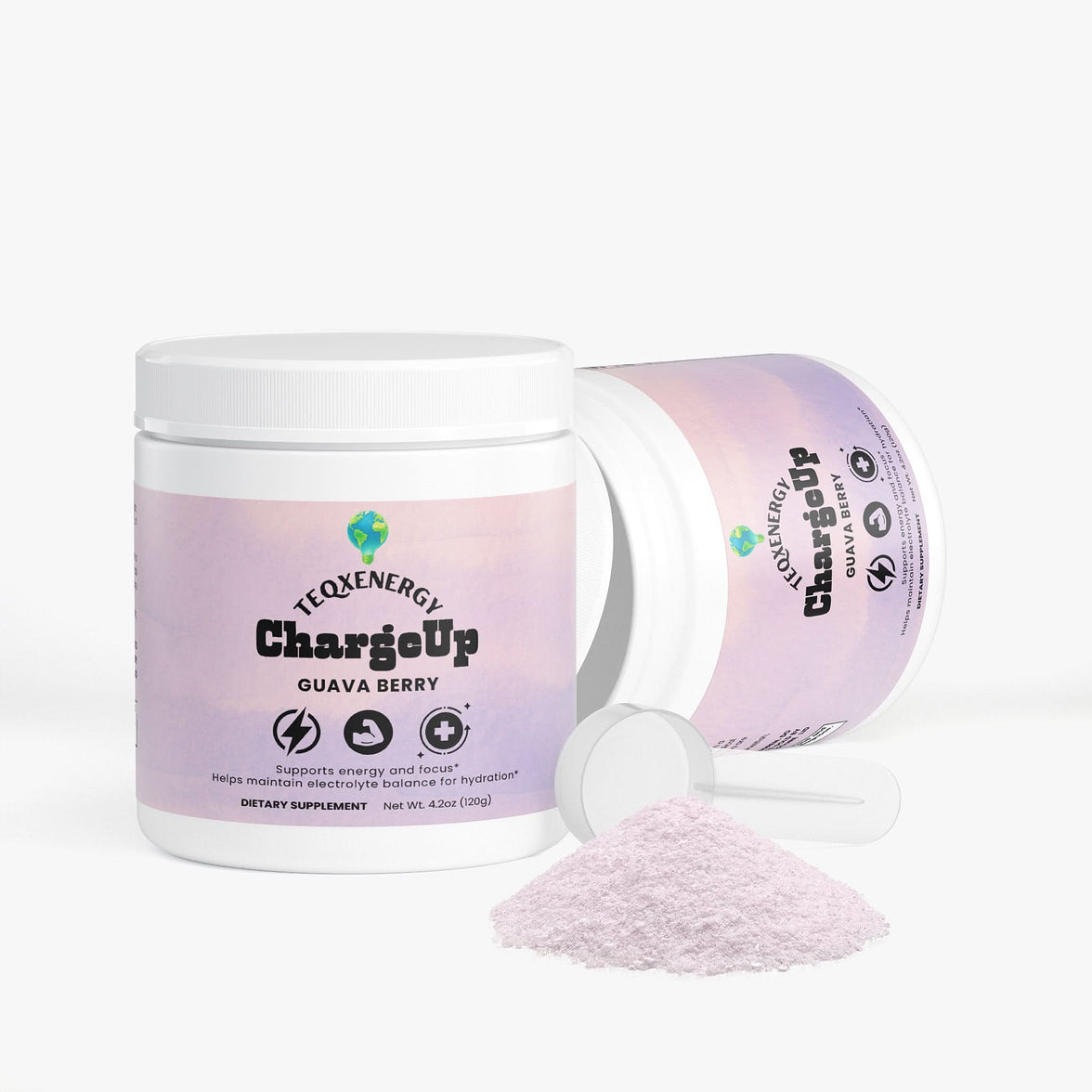 TeqenX ChargeUp Guava Berry energy powder in a white container with a scoop, featuring pinkish powder and a gradient background.