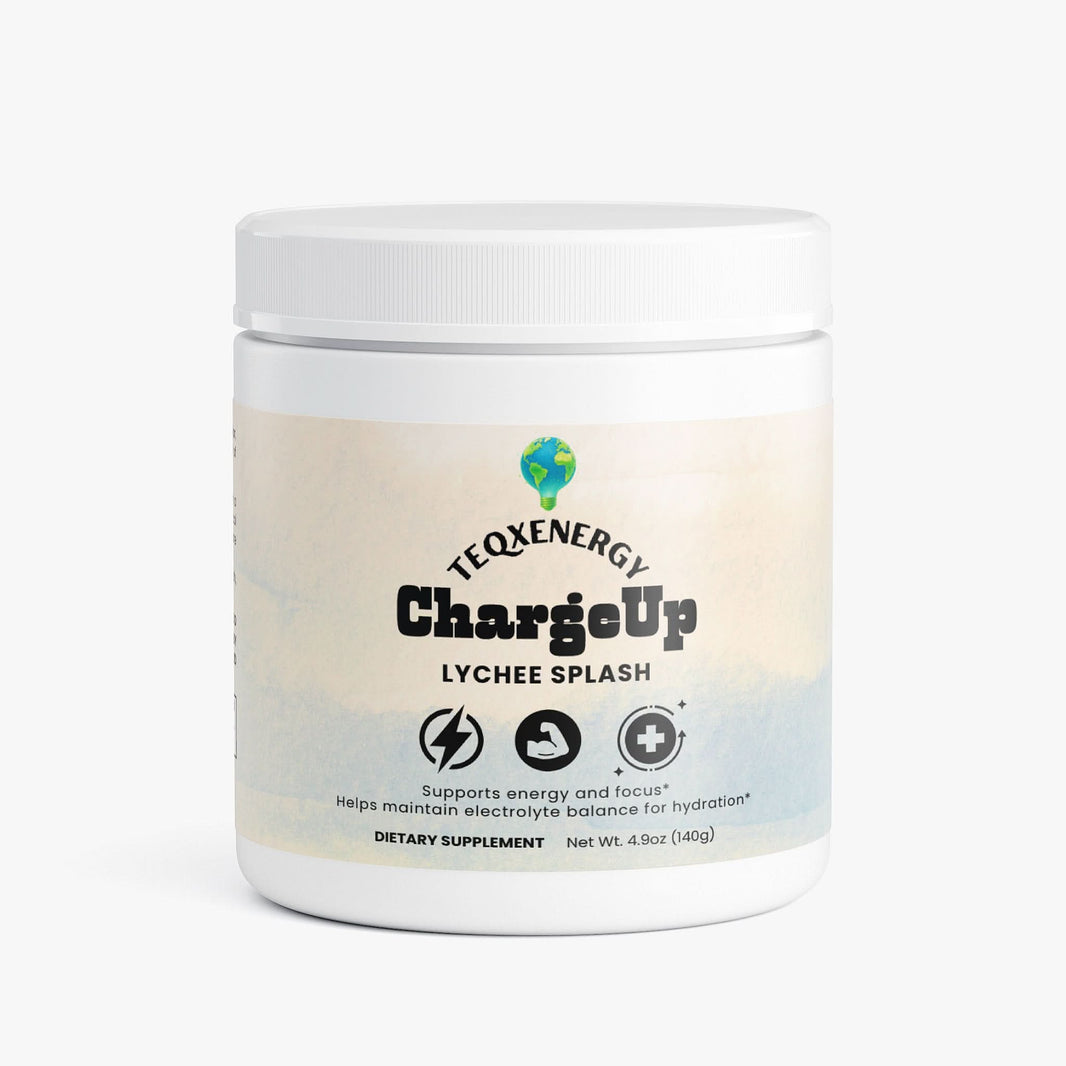 TeqenX ChargeUp Lychee Splash in a white container, a sugar-free energy powder for balanced, crash-free energy.