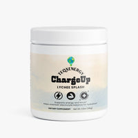 TeqenX ChargeUp Lychee Splash in a white container, a sugar-free energy powder for balanced, crash-free energy.