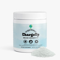 TeqenX ChargeUp Melon Creamsicle energy powder in a white container with a light blue label, promoting balanced energy and hydration.