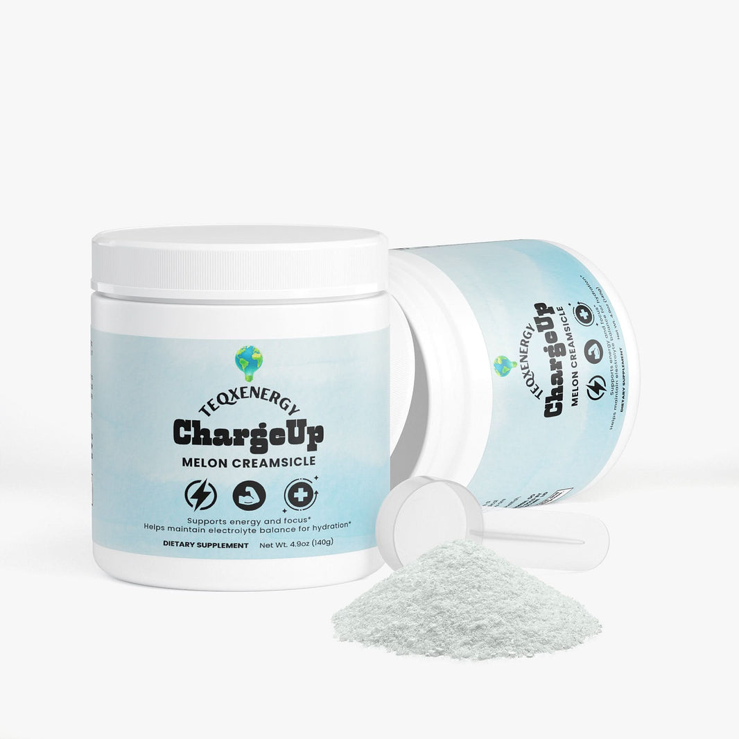 TeqenX ChargeUp Melon Creamsicle energy powder with scoop, featuring a light-colored powder and a spilled portion.