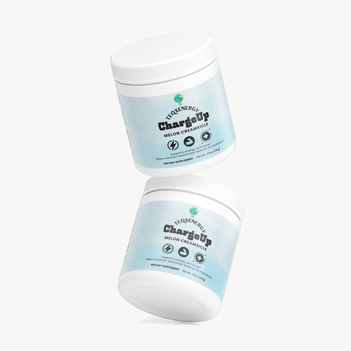 TeqenX ChargeUp Melon Creamsicle energy powder in a light blue container, offering balanced energy with natural caffeine and L-theanine.