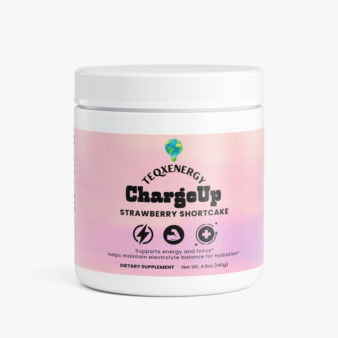 TeqenX ChargeUp Strawberry Shortcake energy powder in a white container with a pink gradient label, supports energy and focus.