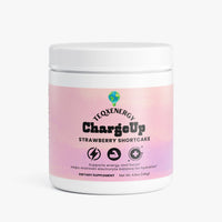 TeqenX ChargeUp Strawberry Shortcake energy powder in a white container with a pink gradient label, supports energy and focus.