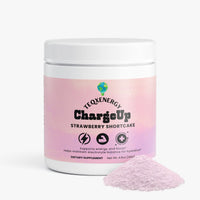 TeqenX ChargeUp Strawberry Shortcake energy powder in a white container with a pastel pink label, featuring pink powder.