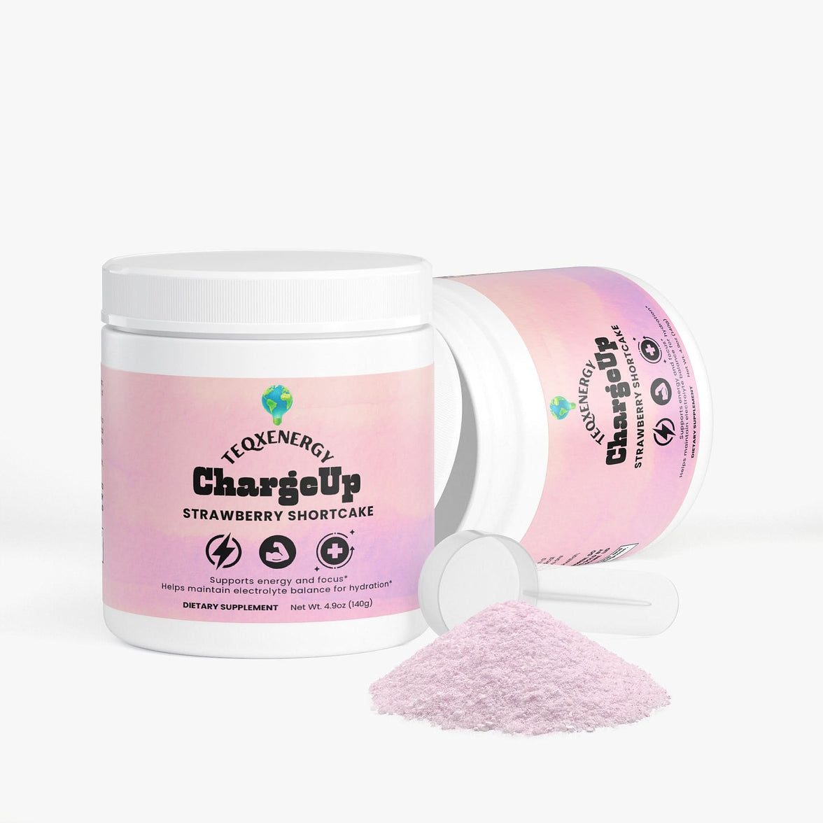 TeqenX ChargeUp Strawberry Shortcake energy powder in a light pink container, designed for balanced energy and focus.