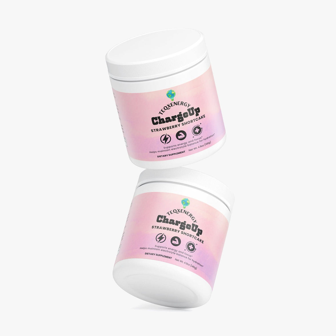 TeqenX ChargeUp Strawberry Shortcake energy powder in a pink gradient container, offering balanced energy without crashes.