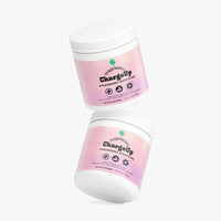 TeqenX ChargeUp Strawberry Shortcake energy powder in a pink gradient container, offering balanced energy without crashes.