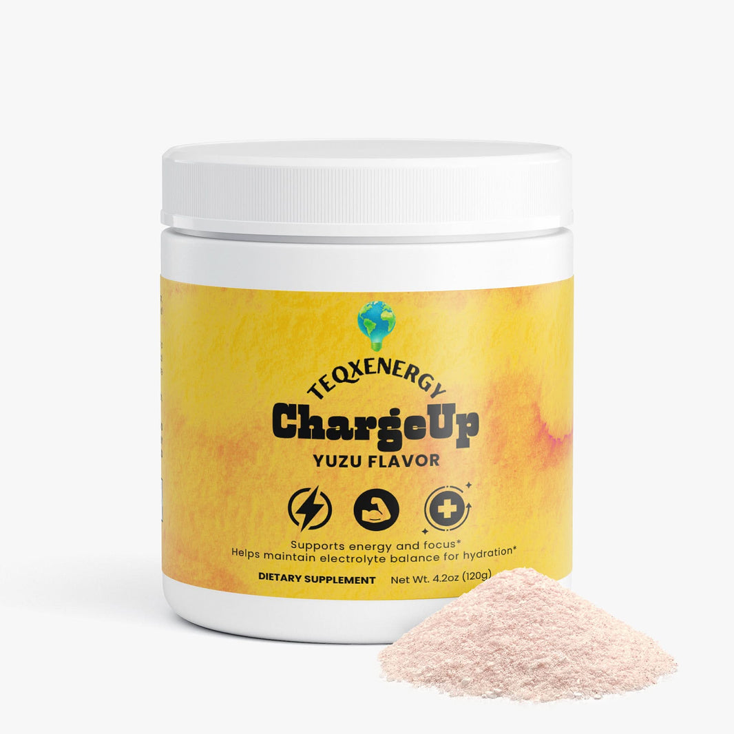 TeqenX ChargeUp Yuzu Flavor container with powder, promoting energy and focus without crashes. Perfect for active lifestyles.